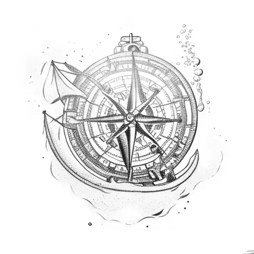 boat being dragged down by a kraken with a compass and diver diving down tattoo design idea