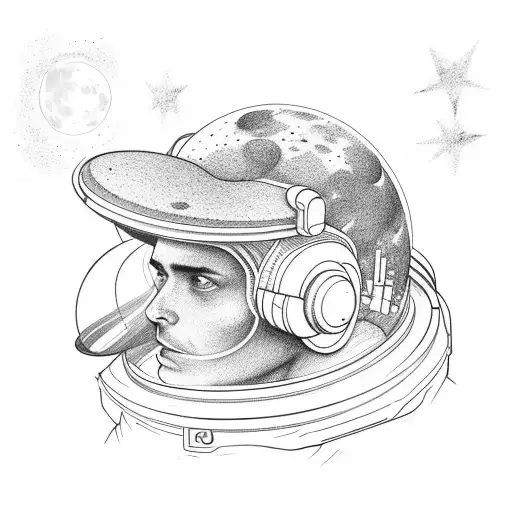 astronaut with soldier cap in his left hand looking at it the moon from a distance  tattoo design idea