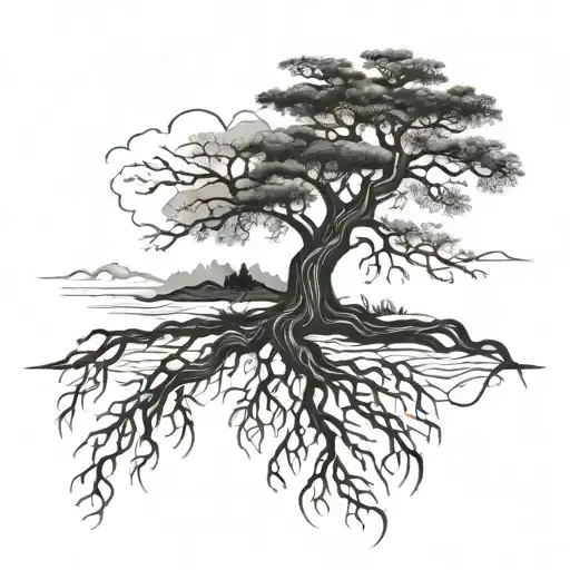 A tree with deep roots standing tall in the midst of a storm tattoo design idea
