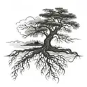 A tree with deep roots standing tall in the midst of a storm tattoo design idea
