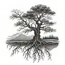 A tree with deep roots standing tall in the midst of a storm tattoo design idea