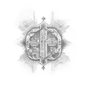 Create a tattoo design that merges elements of Croatian architecture with religious symbolism tattoo design idea