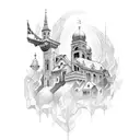 Create a tattoo design that merges elements of Croatian architecture with religious symbolism tattoo design idea