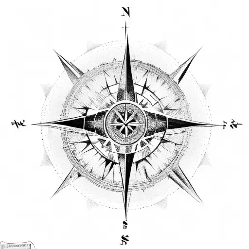 An intricate compass rose surrounded by mountain peaks and ski tracks tattoo design idea