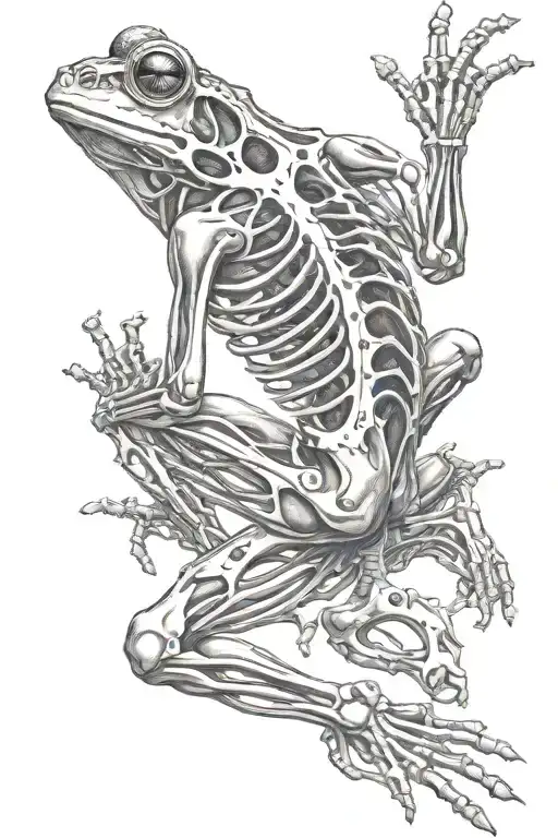 frog skeleton climbing the body, dark ink, dark metal, ghotic, view from above, showing the back tattoo design idea