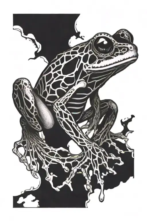 climbing frog, dark, skeleton, black, tattoo design idea