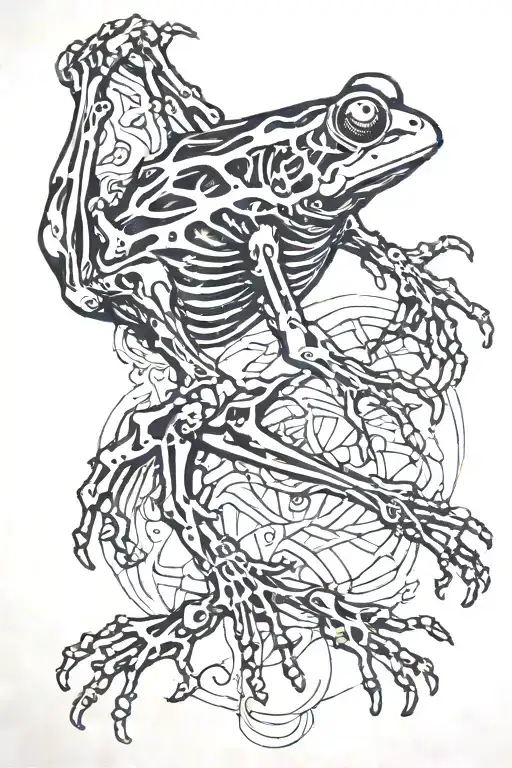 frog skeleton climbing the body, dark ink, dark metal, ghotic, view from above tattoo design idea