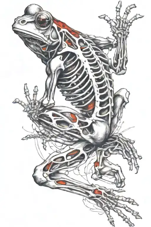 frog skeleton climbing the body, dark ink, dark metal, ghotic, view from above, showing the back tattoo design idea