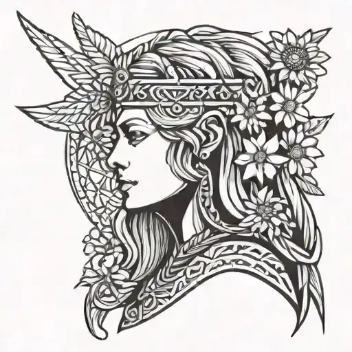 freya the goddess with daisy and norse rune for freya on a head band tattoo design idea