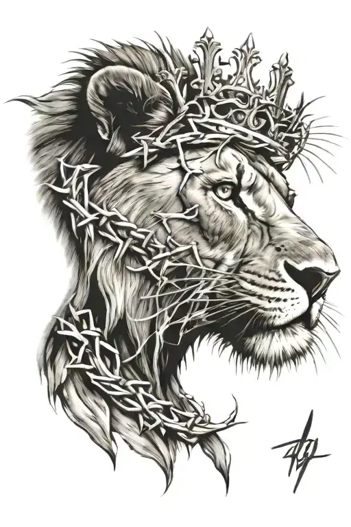 roaring lion wearing crown of thorns  tattoo design idea