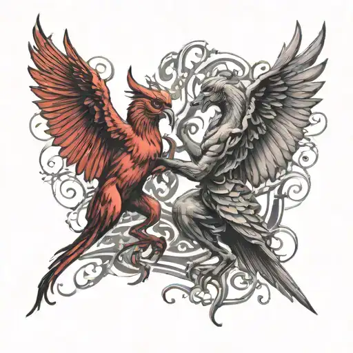 Red cardnial bird  and demon fighting  tattoo design idea