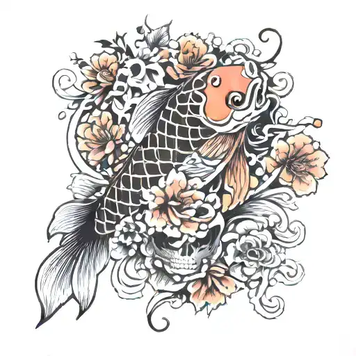 japanese koi swimming up with mexican sugar skulls and flowers tattoo design idea