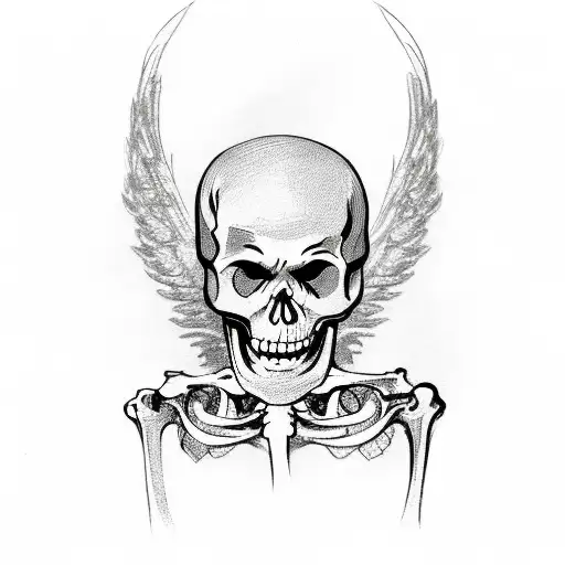 Skeleton angel writing on a scroll surrounded by   people tattoo design idea