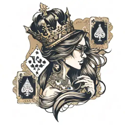 girl in profile, mouth opened, glasses, long straight brown hair, big nose, sweaty, crown, ace of spades card tattoo design idea