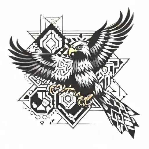 An abstract geometric eagle design incorporating elements of the client's favorite things tattoo design idea