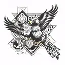 An abstract geometric eagle design incorporating elements of the client's favorite things tattoo design idea