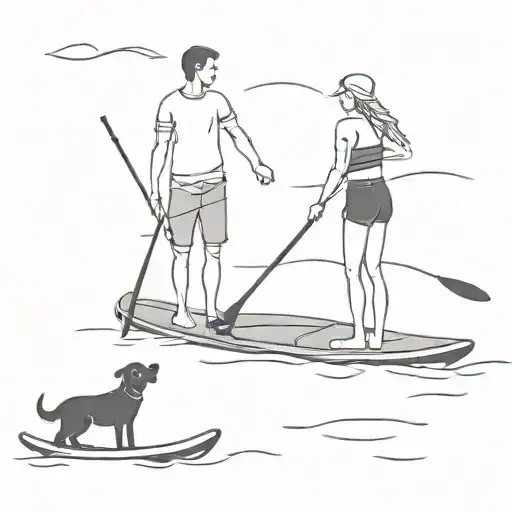 couple on paddleboards with dog tattoo design idea