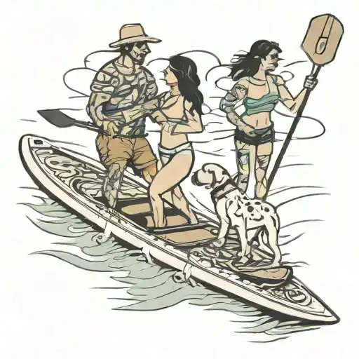 couple on paddleboards with dog tattoo design idea