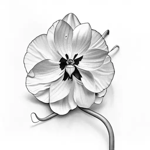 A realistic black and grey tattoo of a Narcissus flower with a butterfly resting on one of its petals tattoo design idea