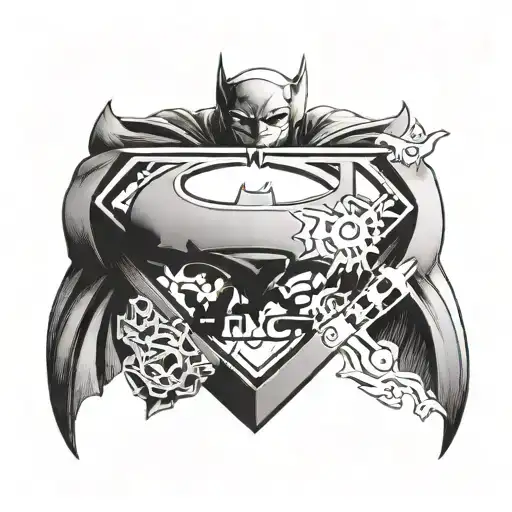 A unique tattoo design combining elements of Batman and Superman's logos with a gendarme badge, in a striking black-grey style tattoo design idea