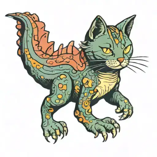 cat trying to reach through small narrow space a dinosaur  tattoo design idea