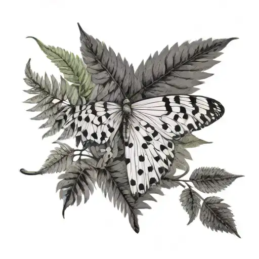 fern leaf and moth resting tattoo design idea