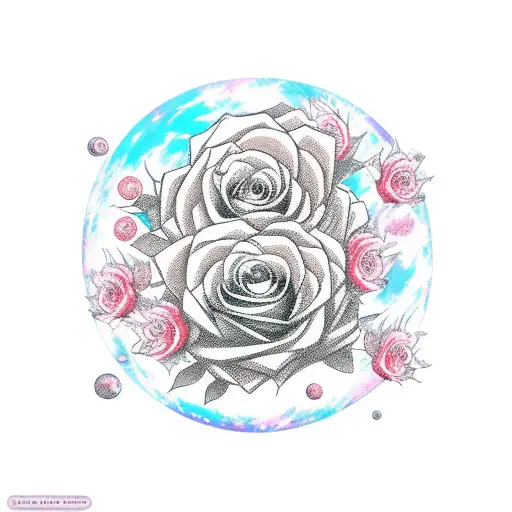 An anime character holding a bouquet of roses in front of a vibrant planetary backdrop tattoo design idea