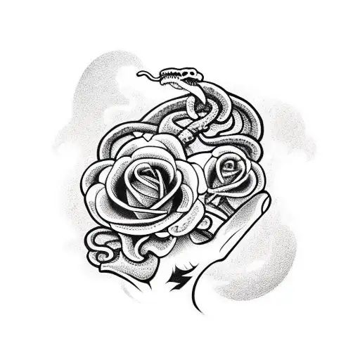 A traditional-style snake coiled around a skeletal hand holding a rose tattoo design idea