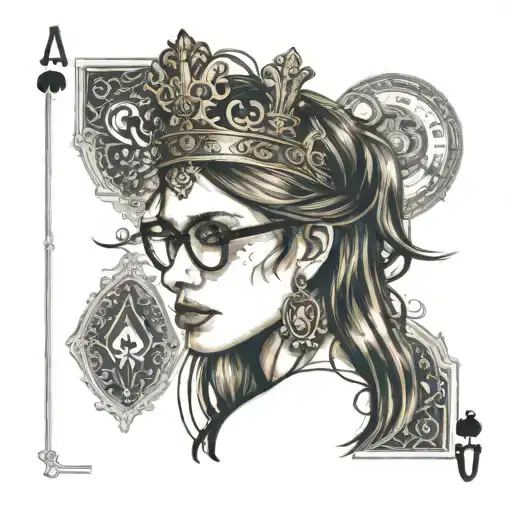 girl in profile, very long aquiline nose, glasses, long straight brown hair, ace of spades card, crown, text:Marjorie tattoo design idea