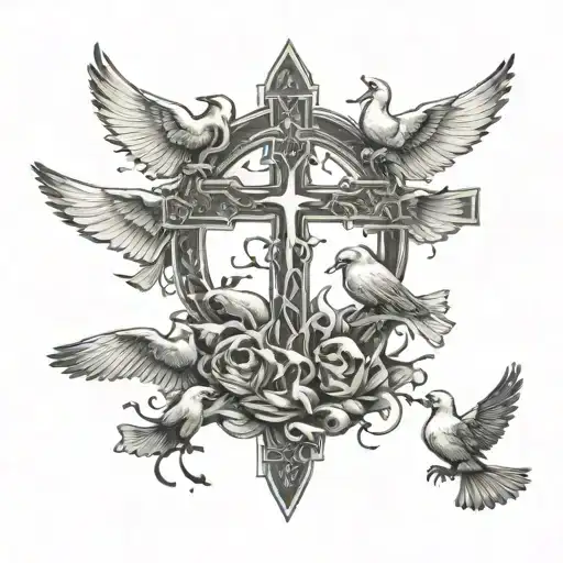Cross standing on a pile of skulls and doves flying around tattoo design idea