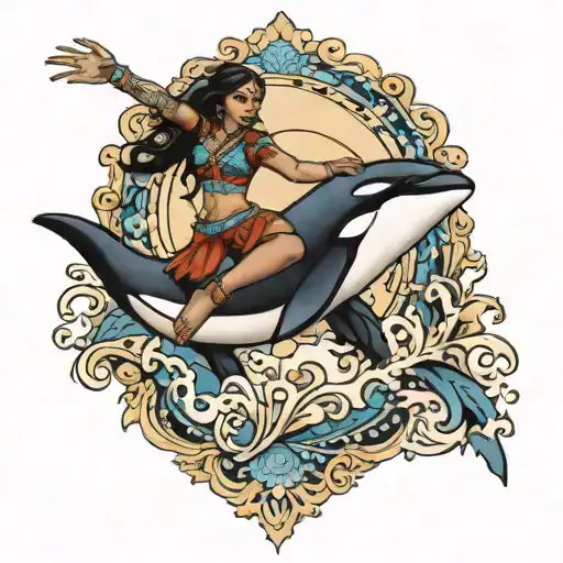 indian woman and orca leaping tattoo design idea