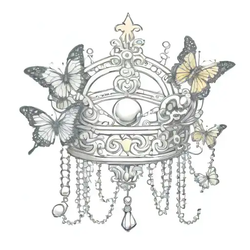 A crown of three falling chains and one of them has a falling pearl and around butterflies half color and half black and white tattoo design idea