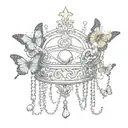 A crown of three falling chains and one of them has a falling pearl and around butterflies half color and half black and white tattoo design idea
