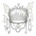 A crown of three falling chains and one of them has a falling pearl and around butterflies half color and half black and white tattoo design idea