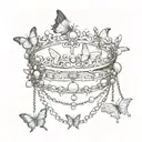 A crown of three falling chains and one of them has a falling pearl and around butterflies half color and half black and white tattoo design idea