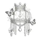 A crown of three falling chains and one of them has a falling pearl and around butterflies half color and half black and white tattoo design idea
