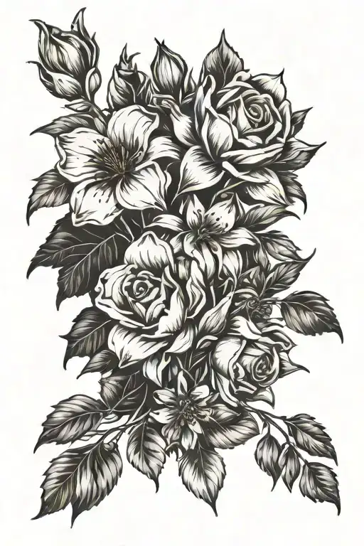 A bouquet of flowers using January, March, June, July and Mays birth flower. tattoo design idea