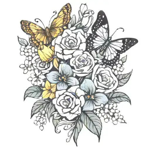 A bouquet of flowers with a bow and butterflies. Using Carnation, Daffodil, Rose, Lily of the valley and a Larkspur. tattoo design idea
