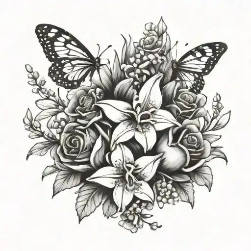 A bouquet of flowers with a bow and butterflies. Using Carnation, Daffodil, Rose, Lily of the valley and a Larkspur. tattoo design idea