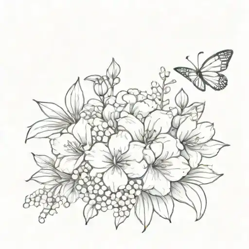 A bouquet of flowers with a bow and butterflies. Using Carnation, Daffodil, Rose, Lily of the valley and a Larkspur. tattoo design idea