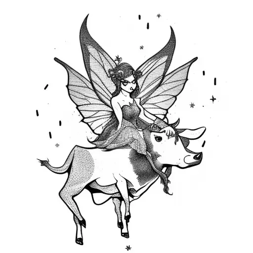 A whimsical fairy riding a cow through a mystical forest tattoo design idea