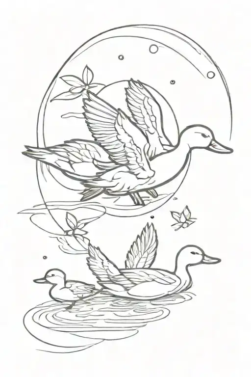3 small ducklings in a pond close together. a daddy duck is flying towards the sun, with one leg visible. thethree duckl tattoo design idea