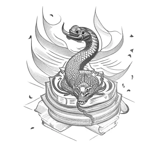 A neo-traditional tattoo of a cobra wrapped around a book, with flowers and andorinhas flying around it tattoo design idea