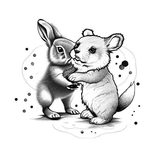 small bear cub being chased by a small bunny rabbit in a playing manner tattoo design idea