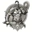 ares god of war in full Spartan armor with sword and shield tattoo design idea