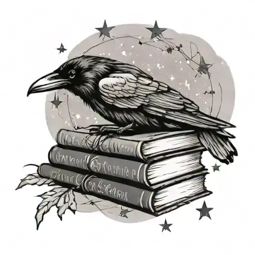 An elegant black and grey tattoo of a raven perched on a stack of Edgar Allen Poe's books, with stars twinkling in the background tattoo design idea