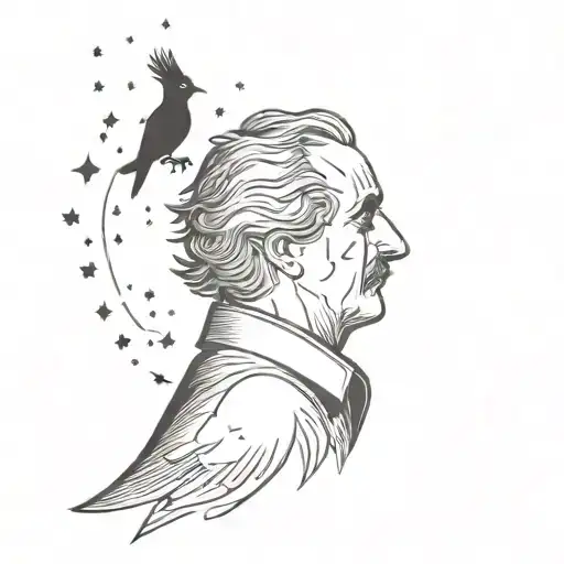 An intricate design featuring Edgar Allen Poe's silhouette with a raven on his shoulder, framed by a night sky filled with stars tattoo design idea