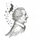 An intricate design featuring Edgar Allen Poe's silhouette with a raven on his shoulder, framed by a night sky filled with stars tattoo design idea