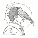 An intricate design featuring Edgar Allen Poe's silhouette with a raven on his shoulder, framed by a night sky filled with stars tattoo design idea