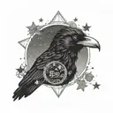 An intricate design featuring Edgar Allen Poe's silhouette with a raven on his shoulder, framed by a night sky filled with stars tattoo design idea